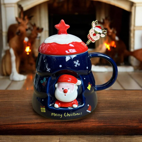 Кружка з кришкою новорічна Merry Christmas 14849 400 мл синя з червоним