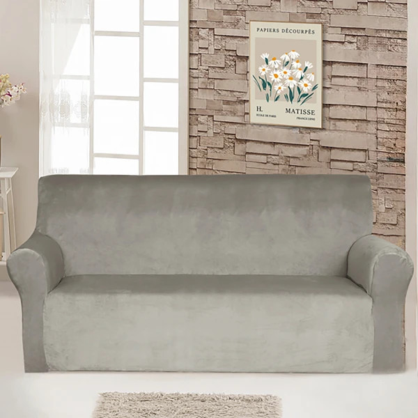 Чохол на диван тримісний велюровий Love You 81163 світло-сірий