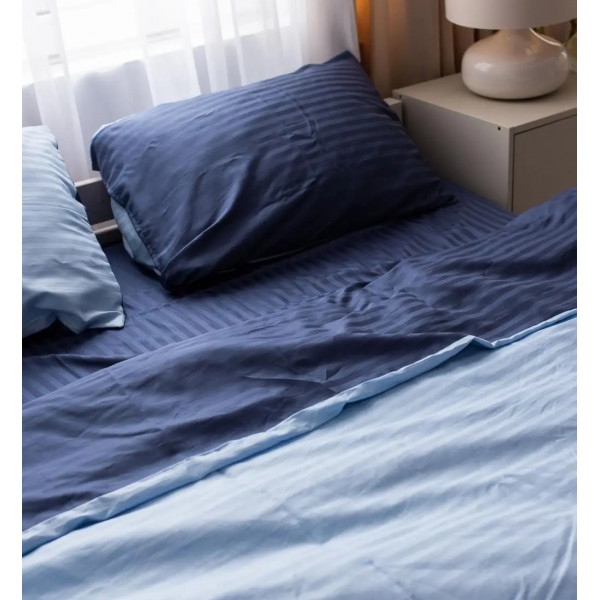 Постільна білизна євро Dushka Home Страйп сатин 20514 200х220 см блакитна з синім