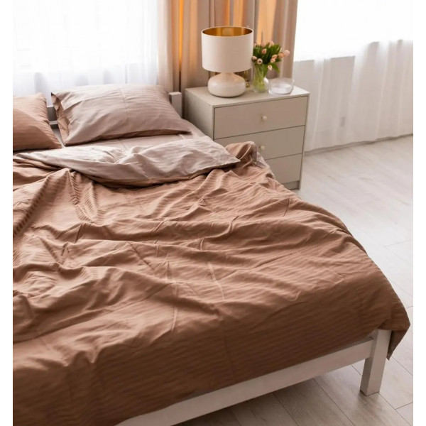 Постільна білизна євро Dushka Home Страйп сатин 20542 200х220 см коричнева з бежевим