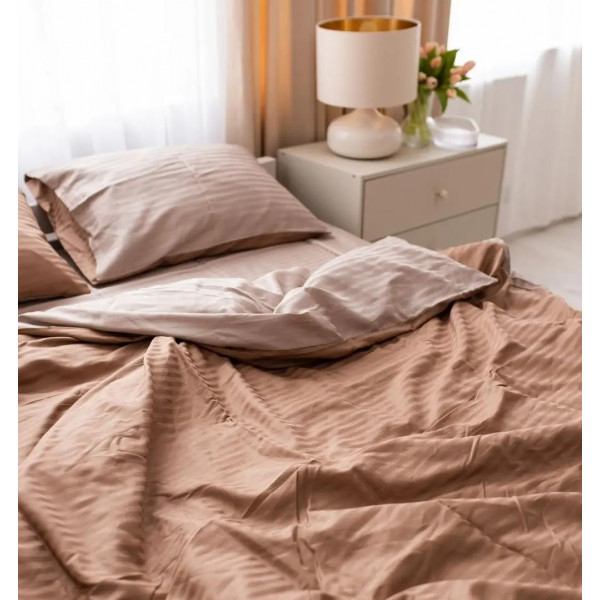 Постільна білизна євро Dushka Home Страйп сатин 20542 200х220 см коричнева з бежевим