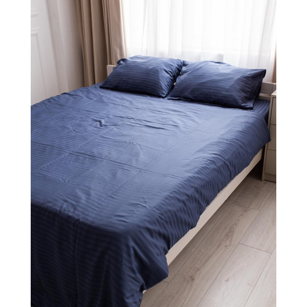 Постільна білизна полуторна Dushka Home Страйп сатин 20520 160х215 см темно-синя