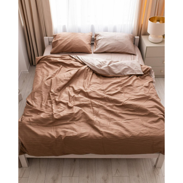 Постільна білизна полуторна Dushka Home Страйп сатин 20540 160х215 см коричнева з бежевим
