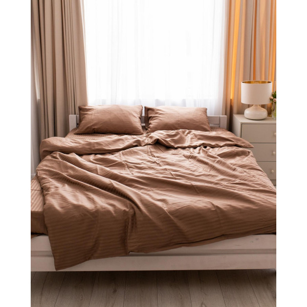 Постільна білизна сімейна Dushka Home Страйп сатин 20571 160х215х2 см коричнева
