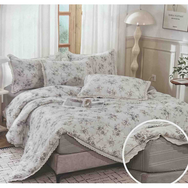 Постільна білизна двоспальна з демісезонною ковдрою з мереживом та з простирадло на резинці з мусліну Koloco 20177 180х200х25 см