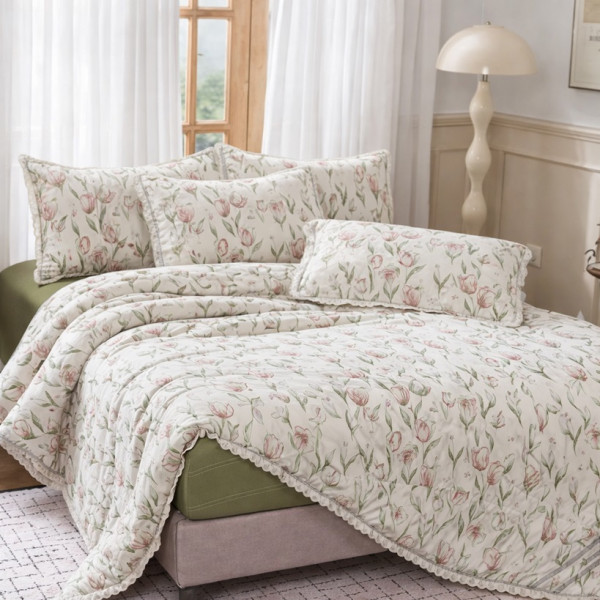 Постільна білизна двоспальна з демісезонною ковдрою з мереживом та з простирадло на резинці з мусліну Koloco 20179 180х200х25 см