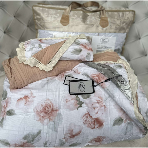 Постільна білизна двоспальна з демісезонною ковдрою з мереживом та з простирадло на резинці з мусліну Koloco 20180 180х200х25 см