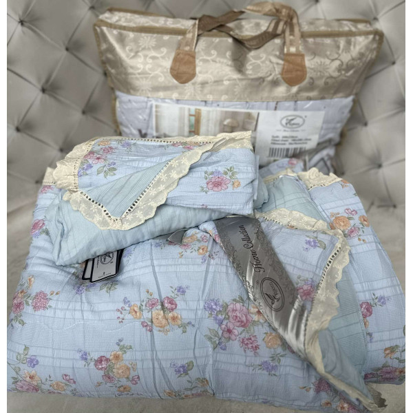 Постільна білизна двоспальна з демісезонною ковдрою з мереживом та з простирадло на резинці з мусліну Koloco 20187 180х200х25 см