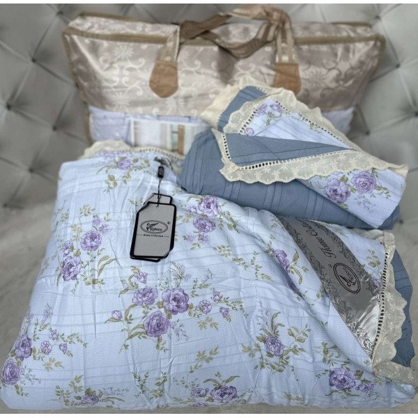 Постільна білизна двоспальна з демісезонною ковдрою з мереживом та з простирадло на резинці з мусліну Koloco 20189 180х200х25 см