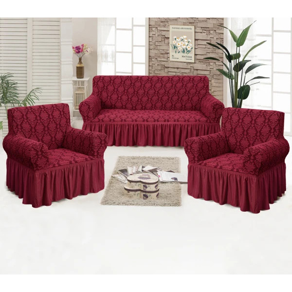 Набір чохлів на тримісний диван і 2 крісла Love You жаккард 81101 бордовий 3 предмети
