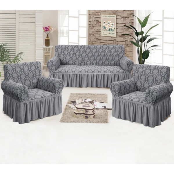Набір чохлів на тримісний диван і 2 крісла Love You жаккард 81105 3 предмети сірий