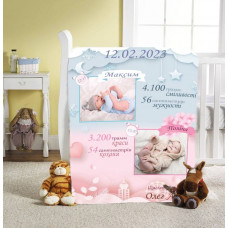 Плед 3D зі своїми побажаннями з метрикою Близнюки в блакитно-рожевих обіймах для близнюків/двійнят з фото 20222385_C 11572 80х100 см