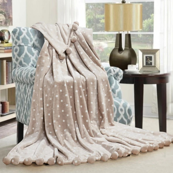 Плед хутряний з помпонами Love You Горох 181171 200х220 см бежевий