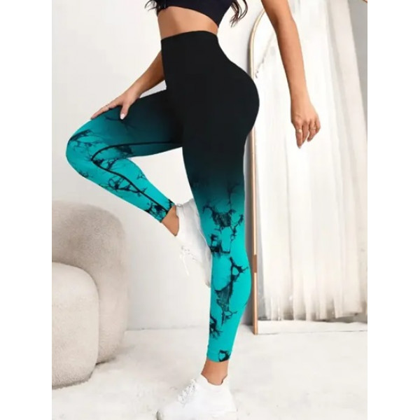 Легінси жіночі спортивні з пуш-ап Tie Dye gradient 18747 S чорні з бірюзовим