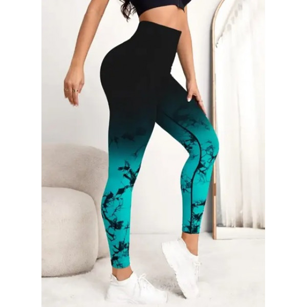 Легінси жіночі спортивні з пуш-ап Tie Dye gradient 18747 S чорні з бірюзовим