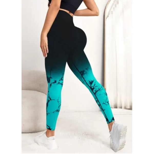 Легінси жіночі спортивні з пуш-ап Tie Dye gradient 18747 S чорні з бірюзовим