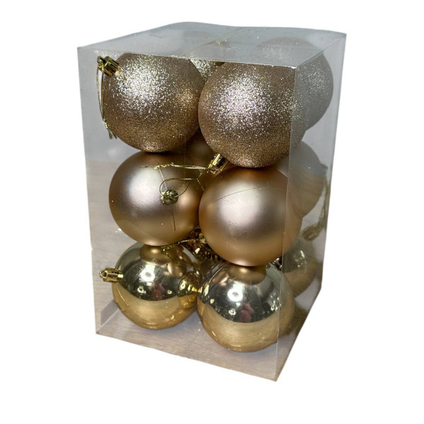 Набір іграшок на ялинку 19589 8 см 12 шт шампань