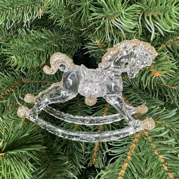 Іграшка на ялинку Кінь 19618 12х9 см прозора із золотистим