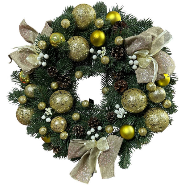 Вінок штучний різдвяний зелений 19669 40 см золотистий з бежевим