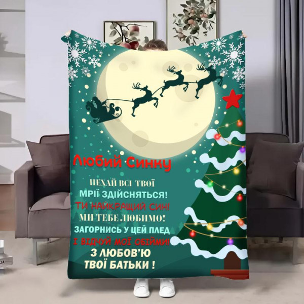 Плед 3D з побажаннями для сина Сину Новорічні сані 32309 160х200 см