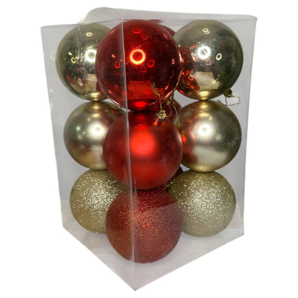 Набір іграшок на ялинку 19887 10 см 12 шт шампань з червоним