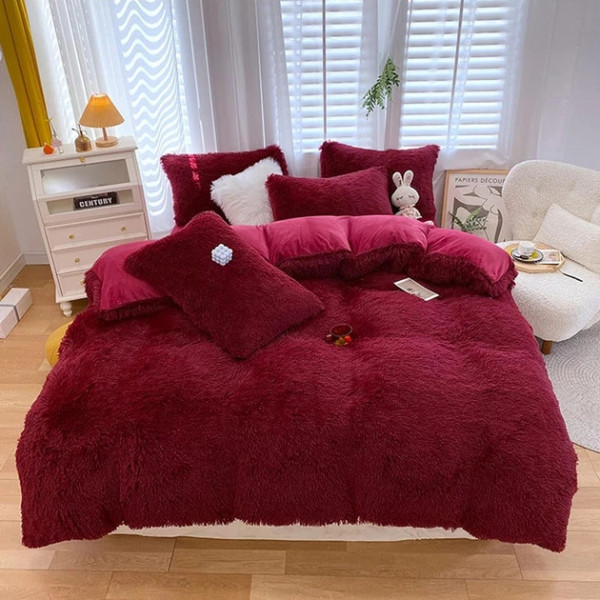 Постільна білизна євро з велюру та плюшу Jojo Ведмедик 20077 200х230 см бордове