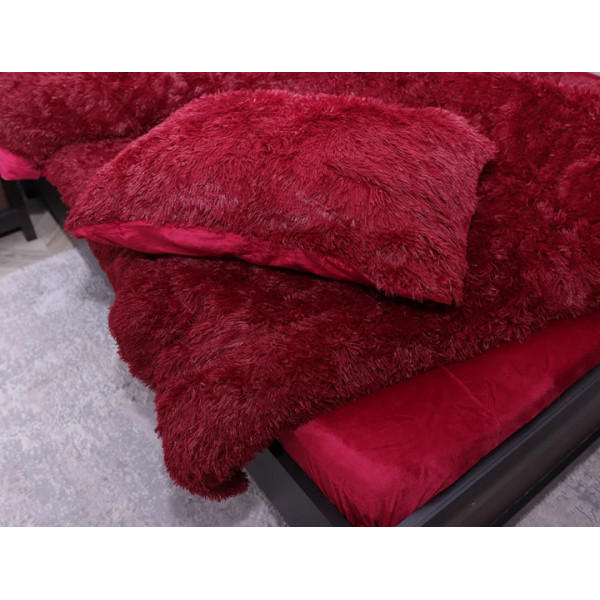 Постільна білизна євро з велюру та плюшу Jojo Ведмедик 20077 200х230 см бордове