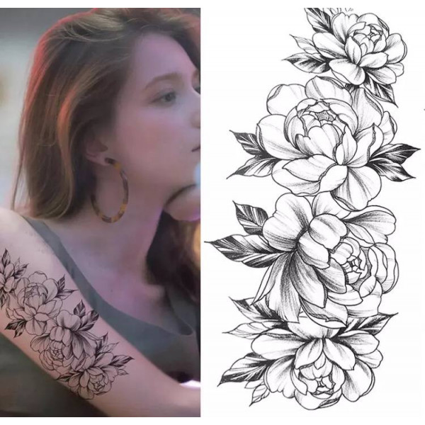 Тимчасове тату водостійке 3D велике Розкіш півонії BK-044 17.5х8.5 см