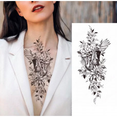 Тимчасове тату водостійке 3D велике Журавель у квітках XQB-356 19,5 х8 см