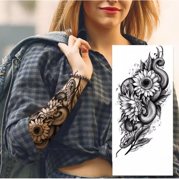 Тимчасовий тату водостійкий 3D великий Змія в соняшниках FF-102 18х8.5 см