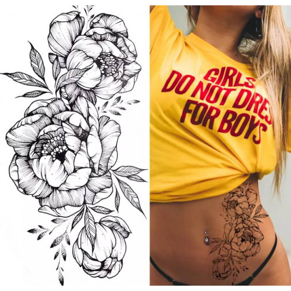 Тимчасове тату водостійке 3D велике Красиві півонії BK-045 18х9 см