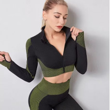 Комплект для фітнесу рашгард на блискавці та легінси 20036 L чорний з оливковим